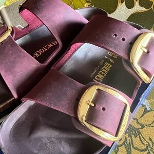 Birkenstock Burgundy Sandals with Gold Buckles with Box
